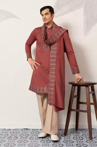 Orange viscose silk thread & sequins embroidered work function festival marriage party wear straight kurta dupatta