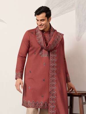 ORANGE VISCOSE SILK THREAD & SEQUINS EMBROIDERED WORK FUNCTION FESTIVAL MARRIAGE PARTY WEAR STRAIGHT KURTA DUPATTA 3