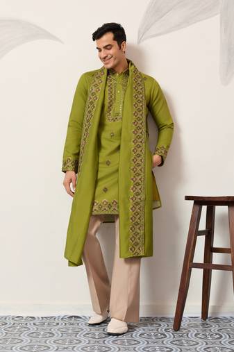 FLUORESENT GREEN VISCOSE SILK THREAD & SEQUINS EMBROIDERED WORK FESTIVAL MARRIAGE PARTY WEAR STRAIGHT KURTA DUPATTA