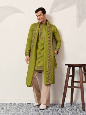 FLUORESENT GREEN VISCOSE SILK THREAD & SEQUINS EMBROIDERED WORK FESTIVAL MARRIAGE PARTY WEAR STRAIGHT KURTA DUPATTA 1