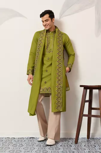 FLUORESENT GREEN VISCOSE SILK THREAD & SEQUINS EMBROIDERED WORK FESTIVAL MARRIAGE PARTY WEAR STRAIGHT KURTA DUPATTA