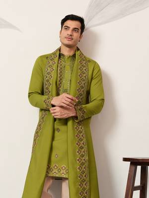 FLUORESENT GREEN VISCOSE SILK THREAD & SEQUINS EMBROIDERED WORK FESTIVAL MARRIAGE PARTY WEAR STRAIGHT KURTA DUPATTA 3