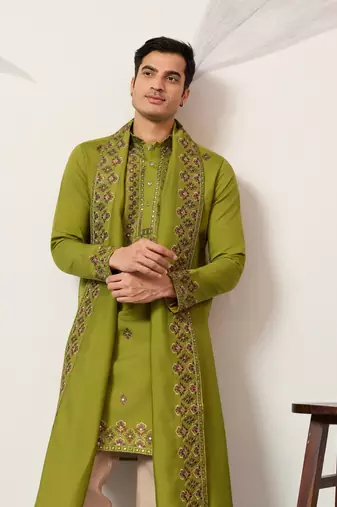 FLUORESENT GREEN VISCOSE SILK THREAD & SEQUINS EMBROIDERED WORK FESTIVAL MARRIAGE PARTY WEAR STRAIGHT KURTA DUPATTA
