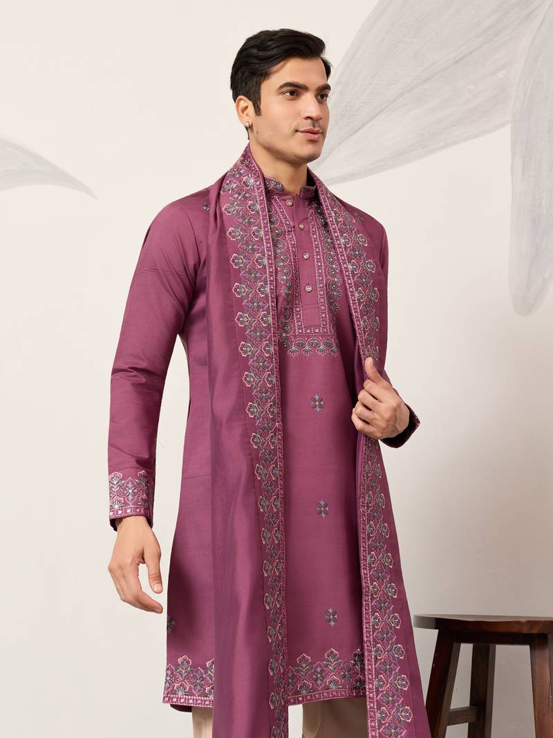 DUSTY PINK VISCOSE SILK THREAD & SEQUINS EMBROIDERED WORK FUNCTION FESTIVAL MARRIAGE PARTY WEAR STRAIGHT KURTA DUPATTA