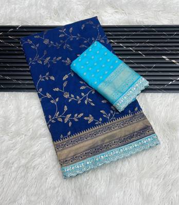 Blue Color Jaqurad Weaving work Georgette Khadi Saree 1