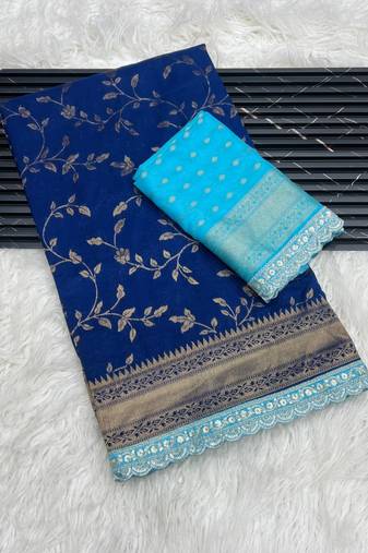 Blue Color Jaqurad Weaving work Georgette Khadi Saree