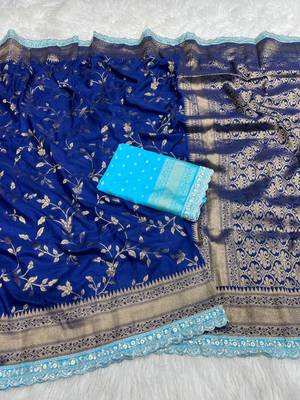 Blue Color Jaqurad Weaving work Georgette Khadi Saree 2