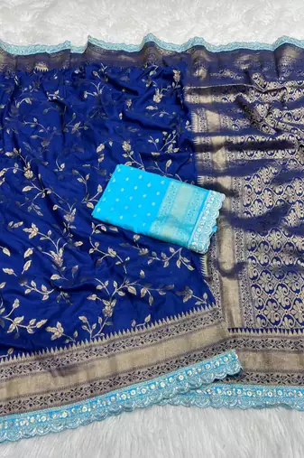 Blue Color Jaqurad Weaving work Georgette Khadi Saree