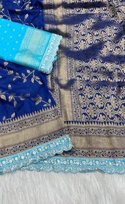 Blue Color Jaqurad Weaving work Georgette Khadi Saree 3