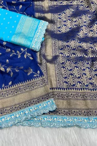 Blue Color Jaqurad Weaving work Georgette Khadi Saree