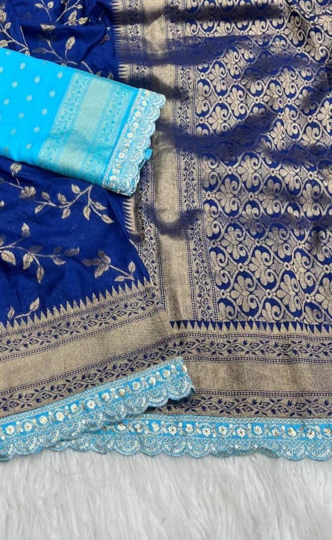 Blue Color Jaqurad Weaving work Georgette Khadi Saree