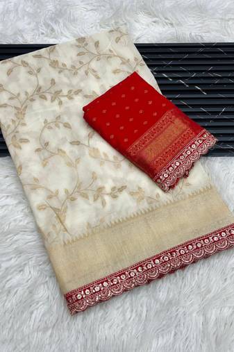 Off White Color Jaqurad Weaving work Georgette Khadi Saree