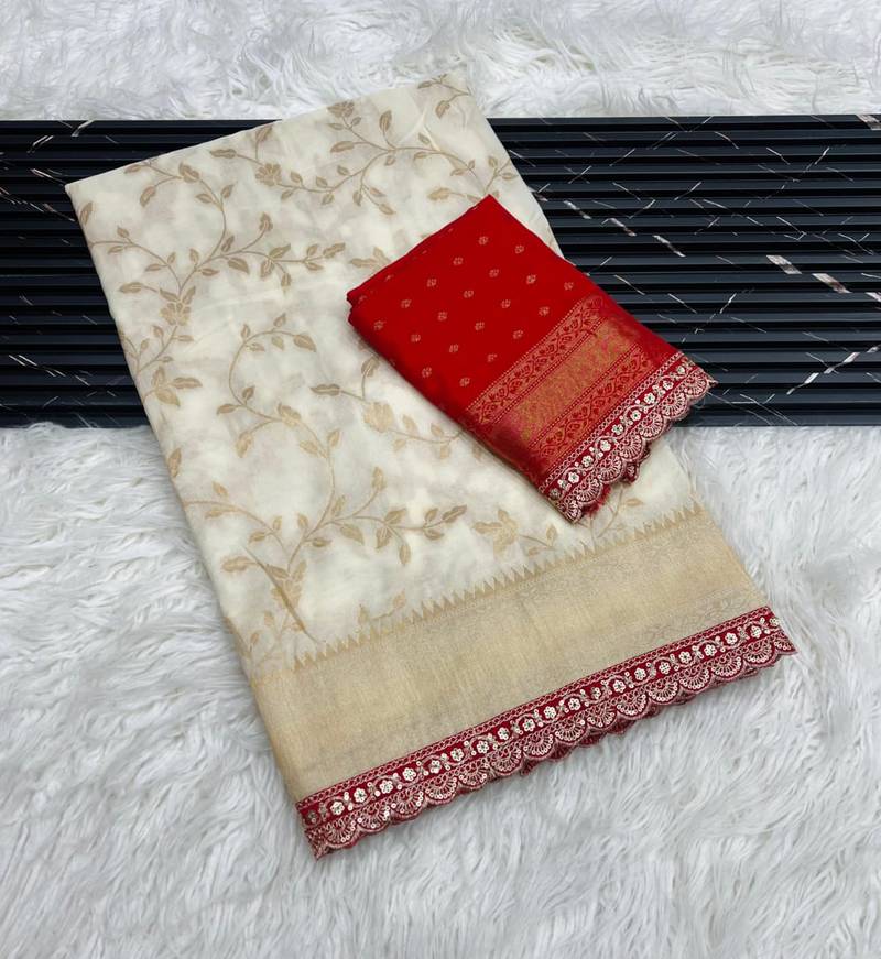 Off White Color Jaqurad Weaving work Georgette Khadi Saree