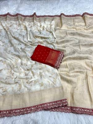 Off White Color Jaqurad Weaving work Georgette Khadi Saree 2