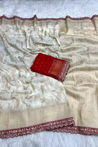 Off White Color Jaqurad Weaving work Georgette Khadi Saree