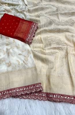 Off White Color Jaqurad Weaving work Georgette Khadi Saree 3