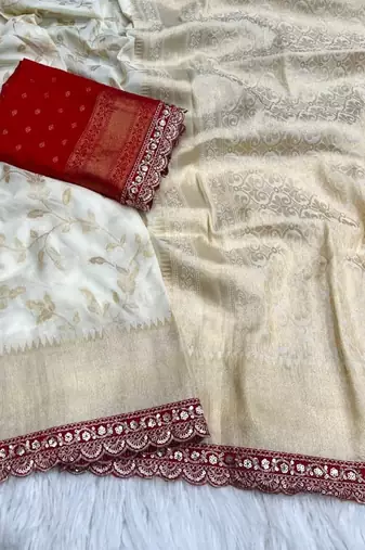 Off White Color Jaqurad Weaving work Georgette Khadi Saree