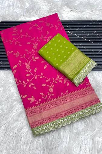 Rani Pink Color Jaqurad Weaving work Georgette Khadi Saree
