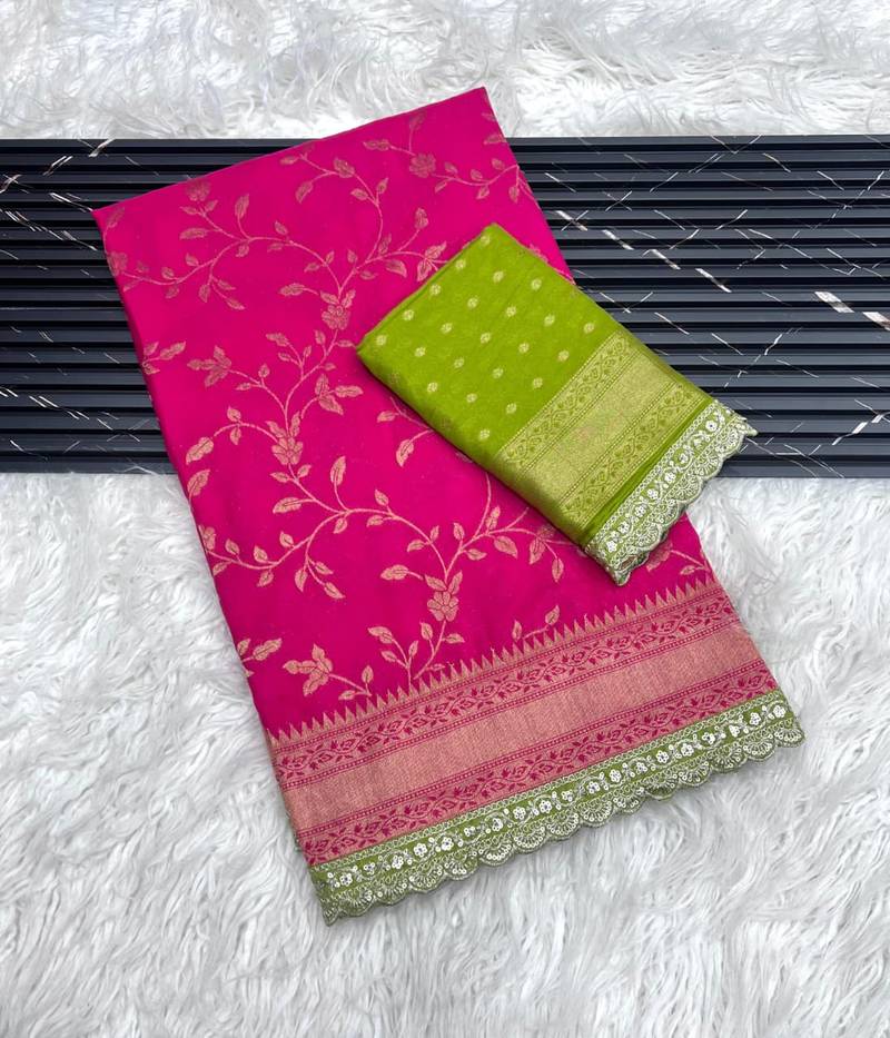 Rani Pink Color Jaqurad Weaving work Georgette Khadi Saree