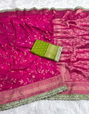 Rani Pink Color Jaqurad Weaving work Georgette Khadi Saree 2