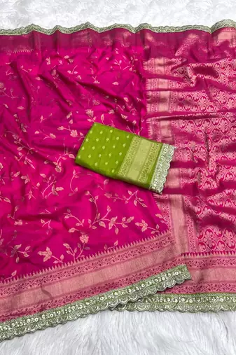 Rani Pink Color Jaqurad Weaving work Georgette Khadi Saree