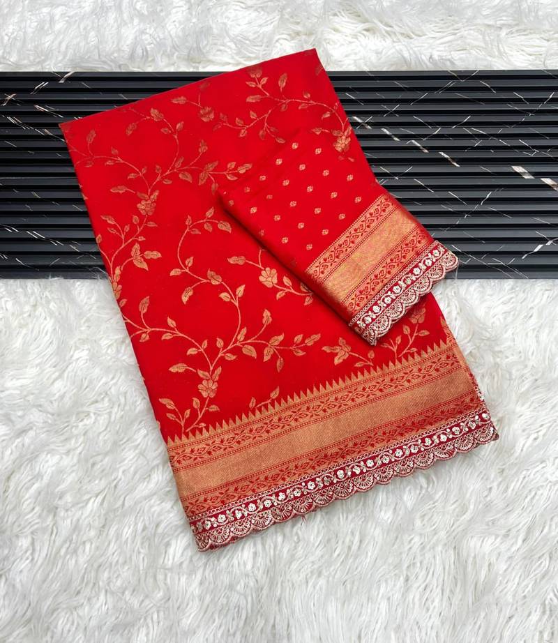 Red Color Jaqurad Weaving work Georgette Khadi Saree