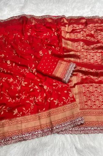 Red Color Jaqurad Weaving work Georgette Khadi Saree