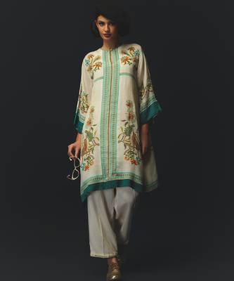 Beige printed chiffon kurta set 1