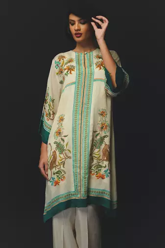 Beige printed chiffon kurta set