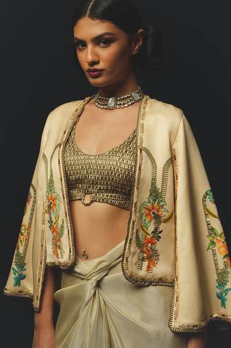 Beige embroidered linen co ord set