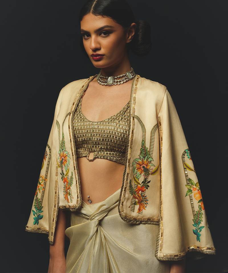 Beige embroidered linen co ord set