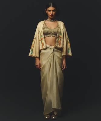 Beige embroidered linen co ord set 1