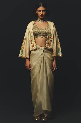 Beige embroidered linen co ord set
