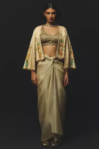 Beige embroidered linen co ord set