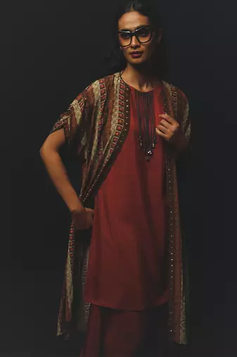 Rust printed crepe kurta set