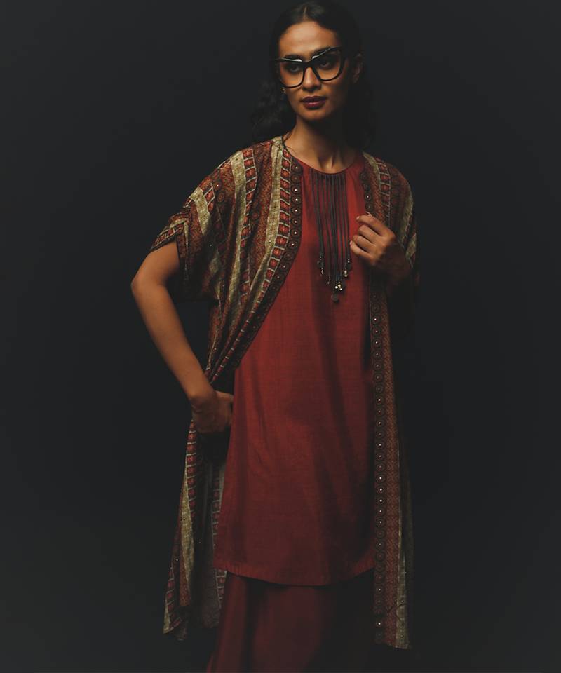 Rust printed crepe kurta set