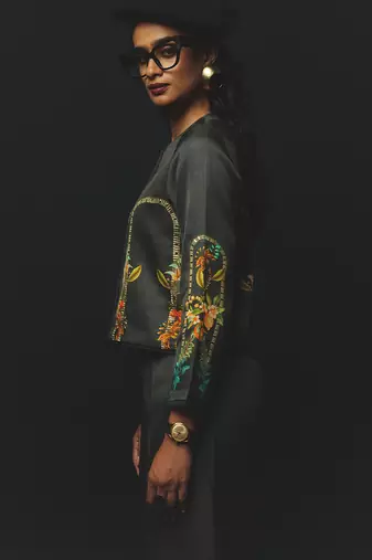 Charcoal embroidered linen co ord set