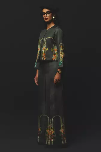 Charcoal embroidered linen co ord set