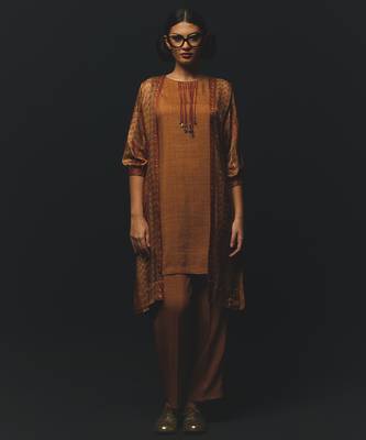 Brown printed satin kurta set 1