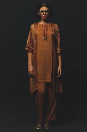 Brown printed satin kurta set