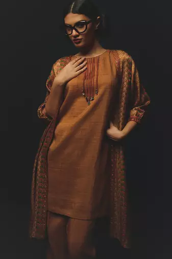Brown printed satin kurta set