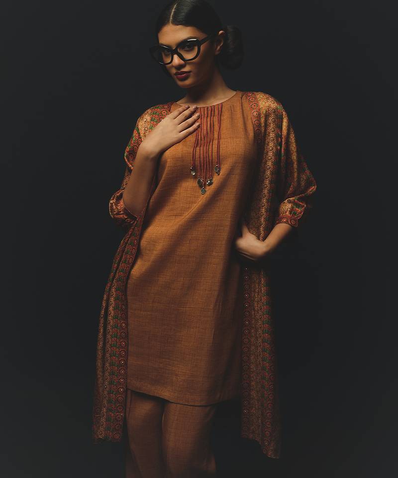 Brown printed satin kurta set