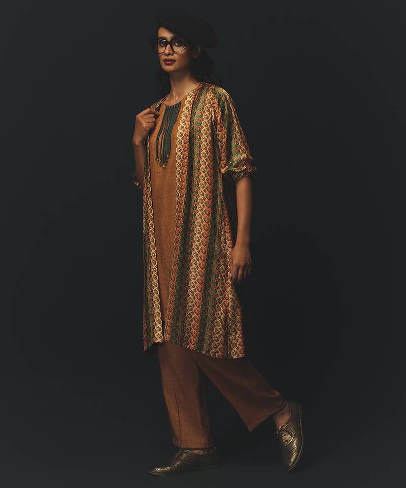 Multicolor printed satin kurta set
