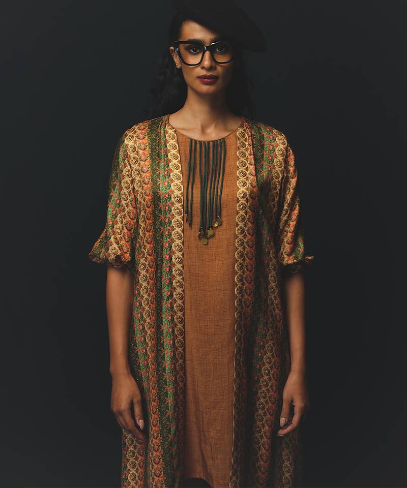 Multicolor printed satin kurta set