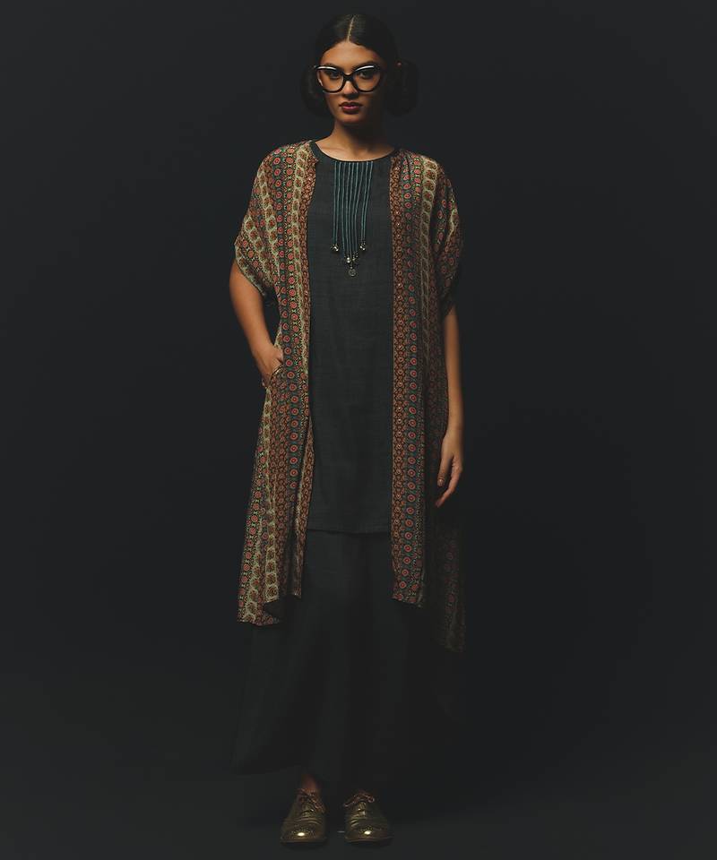 Grey printed crepe kurta set