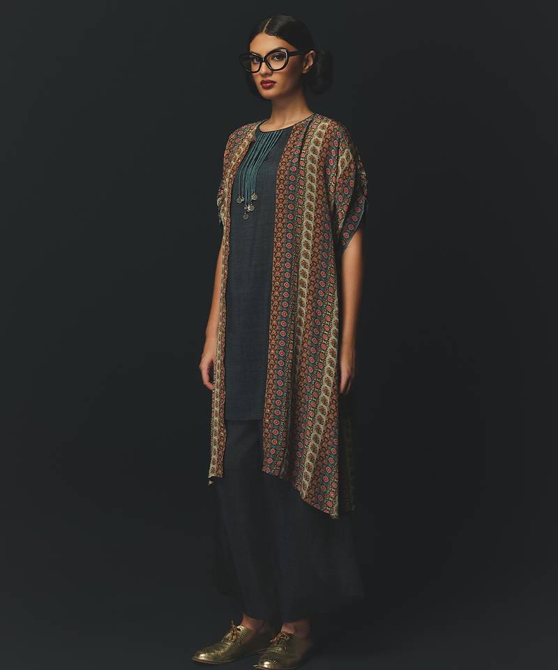 Grey printed crepe kurta set