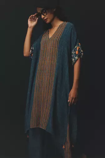 Blue embroidered crepe kurta set