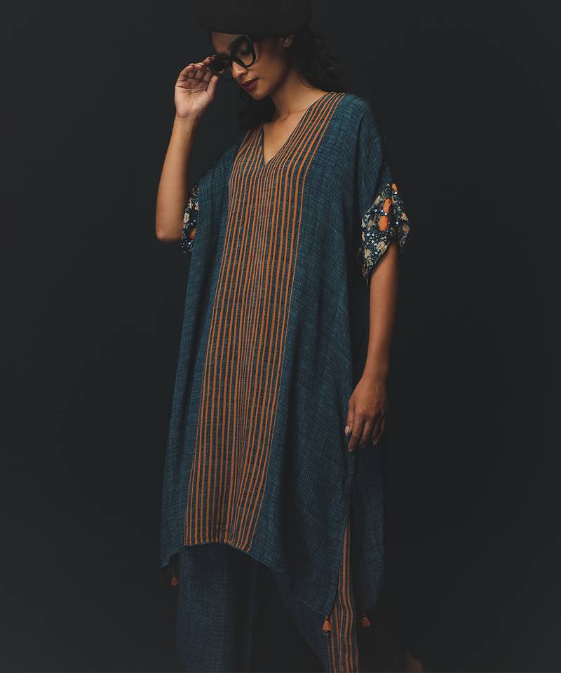 Blue embroidered crepe kurta set
