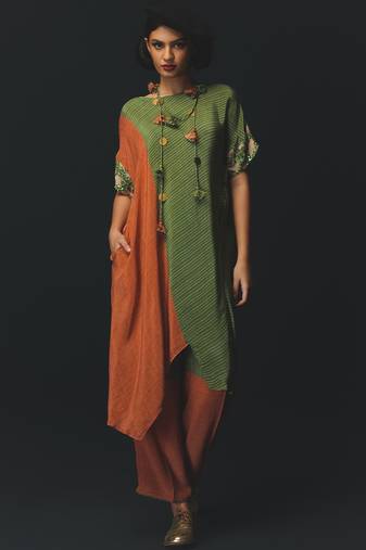Green and Orange embroidered crepe kurta set