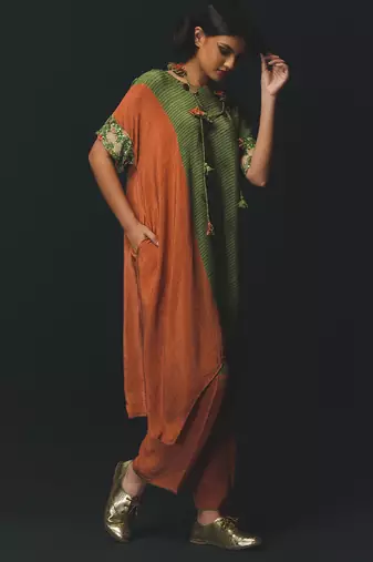 Green and Orange embroidered crepe kurta set